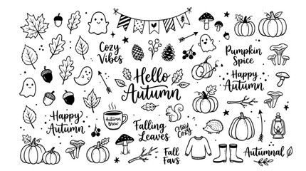 Hand-drawn autumn doodle set, black and white fall icons collection, cozy seasonal vector elements for scrapbooking and planners © Mohsin