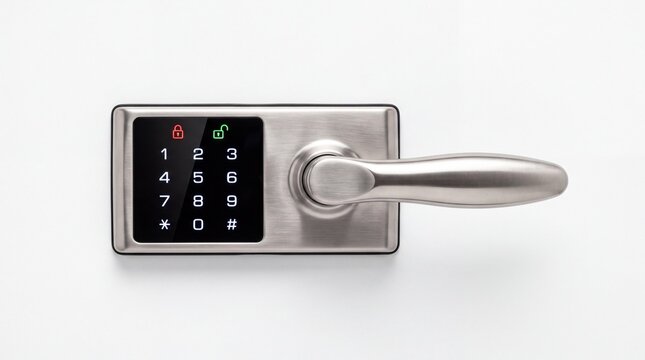 Modern brushed metal smart door lock with illuminated digital keypad mounted securely on white background