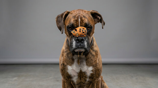 Brindle boxer dog sitting patiently with a miniature baseball glove balanced on its snout in a studio