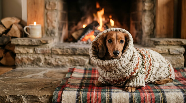 Dachshund dog wearing a chunky knitted sweater resting on a plaid blanket in front of a warm fireplace