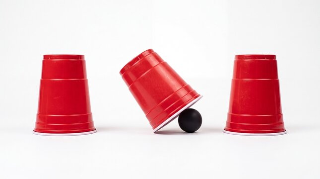 Plastic red cups covering a small black ball during the shell game on white background