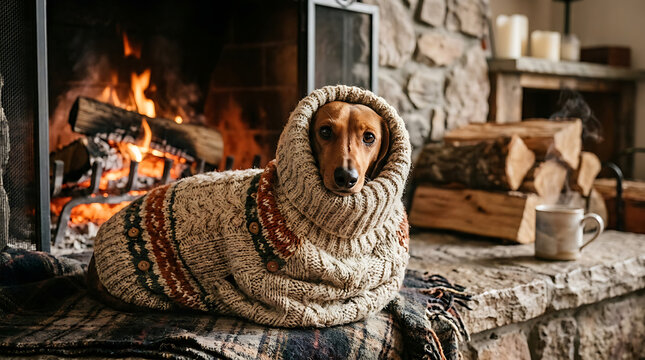 Dachshund dog wearing a cozy cable knit sweater resting by a fireplace hearth