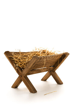 Empty Wooden Manger with Straw &ndash; Advent and Birth of Jesus