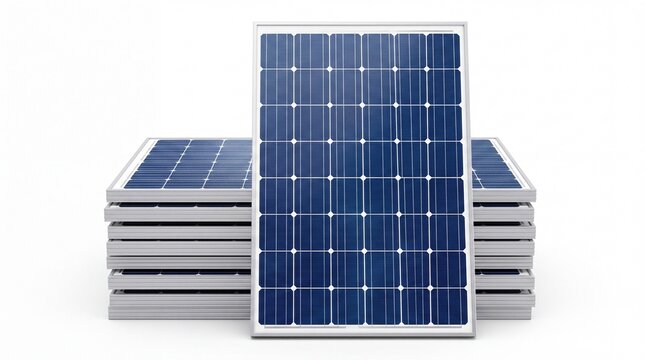 Stack of modern blue rectangular solar panels standing upright isolated against clean bright on white background