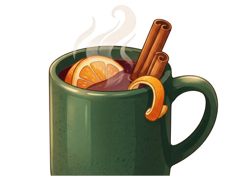 Illustration of a steaming mug of mulled wine with cinnamon sticks and orange slices isolated on transparent background