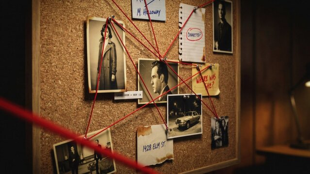 Detective investigation board with photos red string and clues mystery case analysis