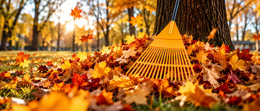 Bright orange leaf rake stands in a thick pile of colorful autumn leaves beside a large tree trunk in a sunny park, surrounded by vibrant golden, red and orange foliage on a crisp fall day