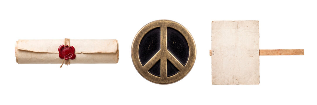 Set of protest items isolated on a transparent or white background. Blank cardboard placard, official sealed scroll and round peace badge for civil rights movement.