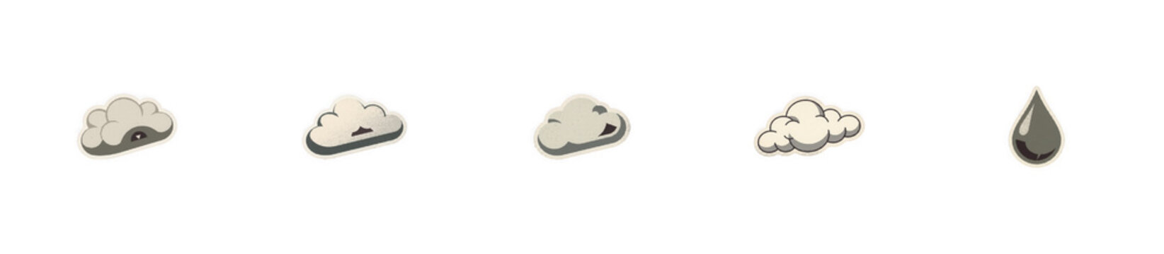 Retro halftone fluffy cloud and raindrop sticker set for weather.