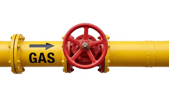 Industrial yellow gas pipeline featuring a bright red circular valve handle isolated on white background