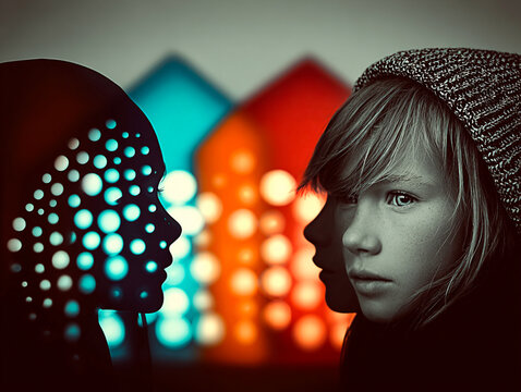 Conceptual portrait of a lonely child facing an illuminated AI companion or digital alter ego, depicting youth mental health, digital comfort, and social isolation.