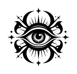 Fototapeta premium Ornate Mystical Eye Symbol Featuring Celestial Stars and Decorative Patterns