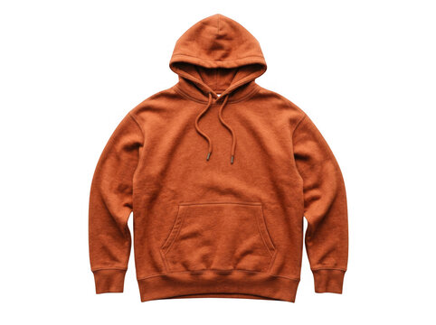 A comfortable, plain orange hoodie with a front pocket and drawstring hood, isolated on transparent background