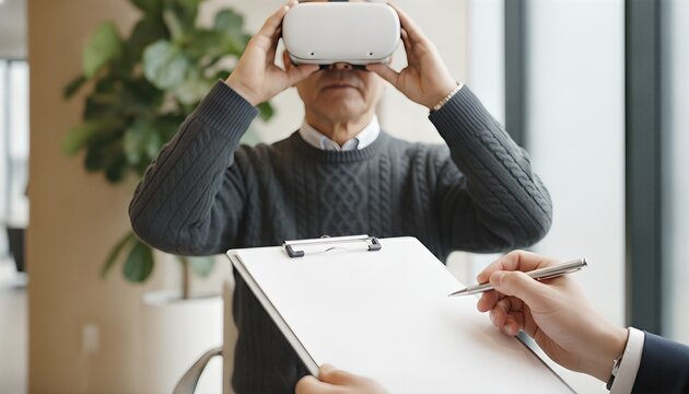 Senior Japanese man exploring immersive technology in a bright modern wellness center while a professional takes notes on a clipboard