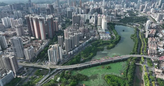 Aerial footage of cityscape in Shenzhen city,China