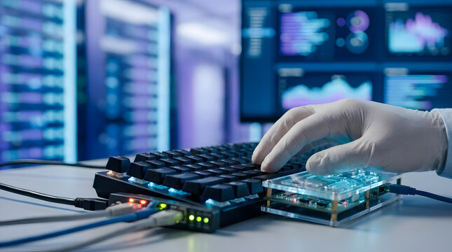 Technician working on hardware components next to keyboard