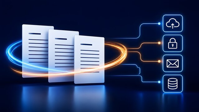Multiple digital documents connected by glowing circuit lines to vertical network icons representing secure file transfer