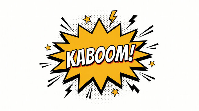 Comic book style Kaboom speech bubble with yellow starburst and lightning bolt elements