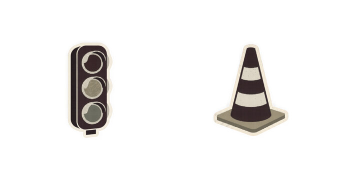 Vintage traffic light and striped safety cone sticker icons graphic.