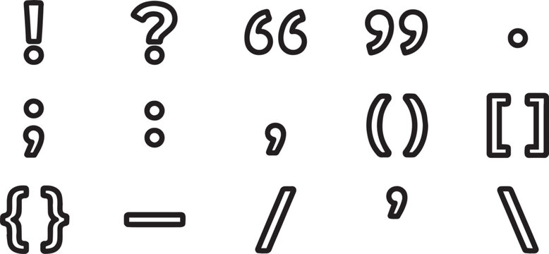 A collection of black and white punctuation marks and grammar symbols presented as clean scalable graphic design vectors