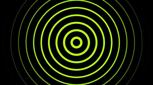 Concentric circles ripple pattern pulsing with neon yellow light on black background abstract motion graphic
