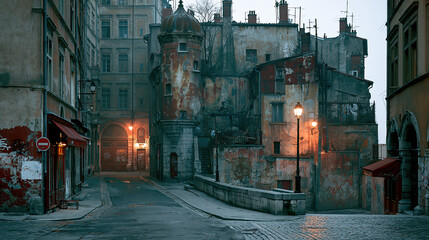 Fototapeta premium European City Street Dusk Church Architecture Historic Urban Twilight Cityscape Old Buildings Moody Cinematic