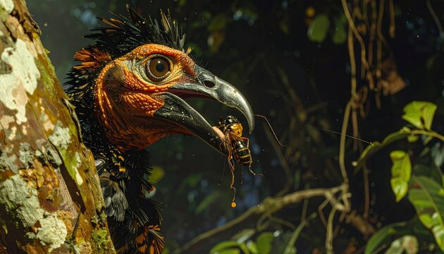 Exotic Bird Catching Large Insect Macro Portrait
