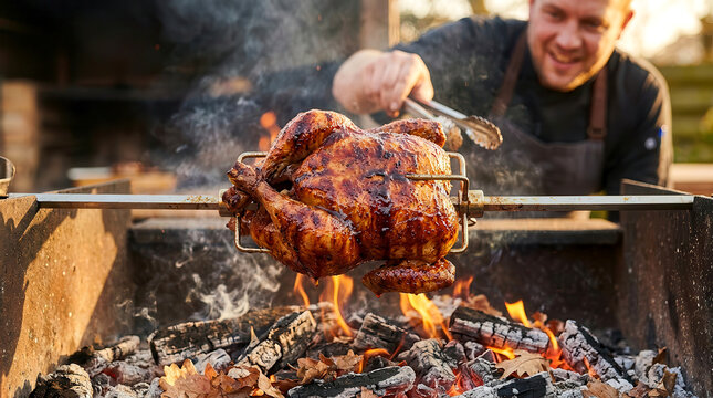 Chef roasting a whole chicken on a rotisserie spit over an open wood fire