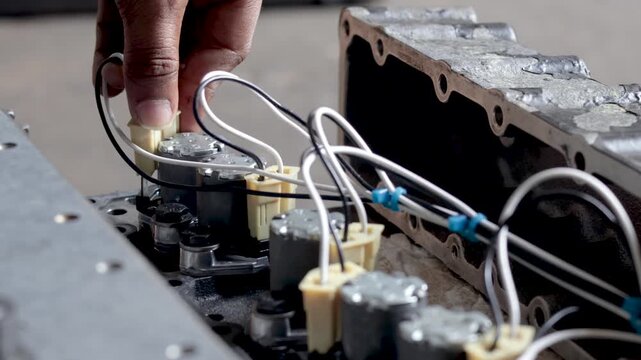 Close-up of a technician hand plugging wire harness connectors into transmission solenoid valves.