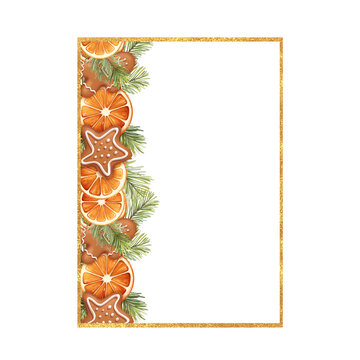Hand-drawn illustration of Christmas frame with orange slices and gingerbread cookies