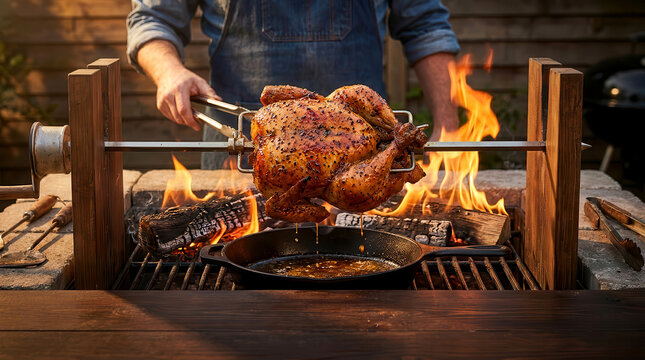 Whole seasoned chicken roasting on a rotisserie spit over an open wood fire outdoors