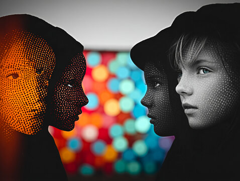 Conceptual art of modern children's alienation and fractured communication in the digital age. Depicting a disconnect between friends in a world filled with screen barriers and virtual masks.