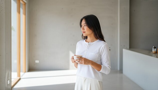 Southeast asian woman wearing a blank white henley shirt in a minimalist sunlit cafe