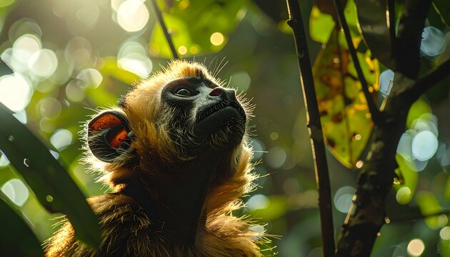 Golden Langur Monkey Looking Up in Sunlit Rainforest Canopy