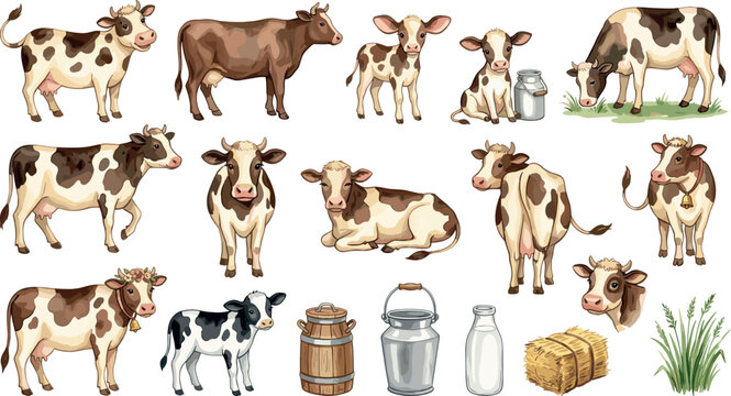  Cute cow vector illustration set featuring dairy cattle spotted calves milk cans hay bale and grass on white background