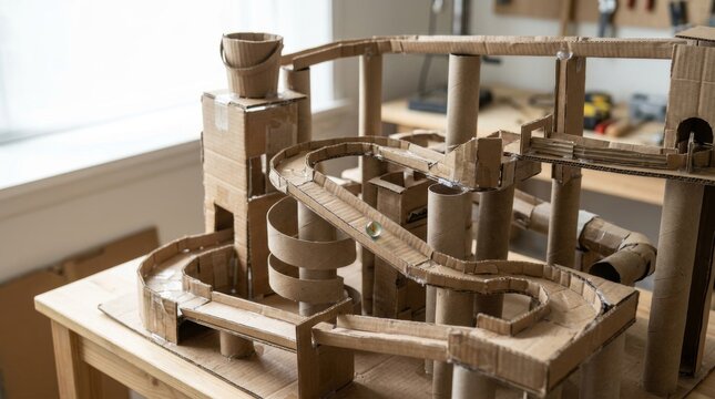 Handmade cardboard marble run toy on a table.