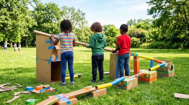 Diverse children building a DIY marble run track in a sunny park.