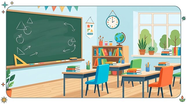 Bright and colorful elementary school classroom with desks chalkboard and learning materials