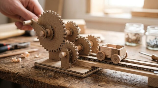 Handcrafted wooden gear mechanism toy on workshop table.