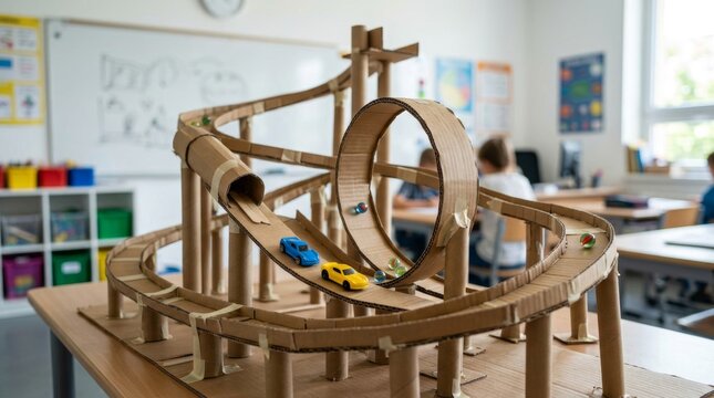 Handmade cardboard roller coaster model in a classroom setting.