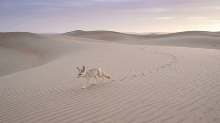 Fototapeta premium Desert Nomad: A lone fennec fox sprints across a vast, undulating sand dune under a soft twilight sky, leaving a trail of paw prints in its wake.