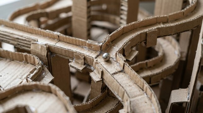 A close up view of a handmade cardboard marble run toy.