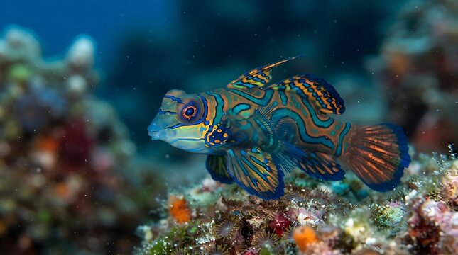 Vibrant Mandarinfish swimming over a coral reef in the deep blue ocean underwater.
