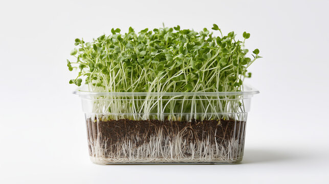Green microgreens growing in a transparent plastic container, with white roots clearly visible in the soil.