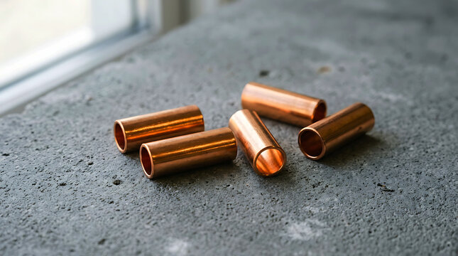 Several brass metal gun bullets resting on a rough dark stone surface.