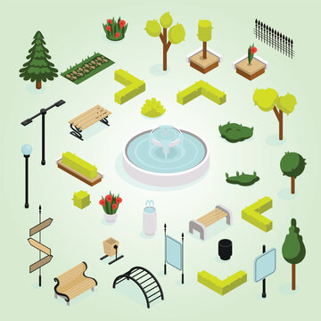 City park constructor 3d isometric mega set in isometry graphic design collection elements of fountain road pointing banner benches trash can trees plants fences other vector illustration