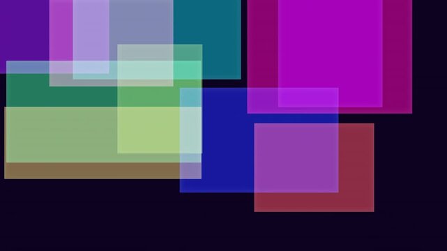 Abstract composition of overlapping colorful geometric rectangles on black