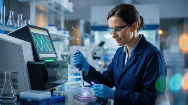 Female scientist conducting genetic analysis, using pipette during biotechnology research, working inside modern medical laboratory containing advanced dna testing equipment.