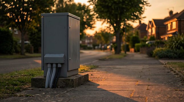 Grey utility box standing on a sidewalk in a quiet residential neighborhood.