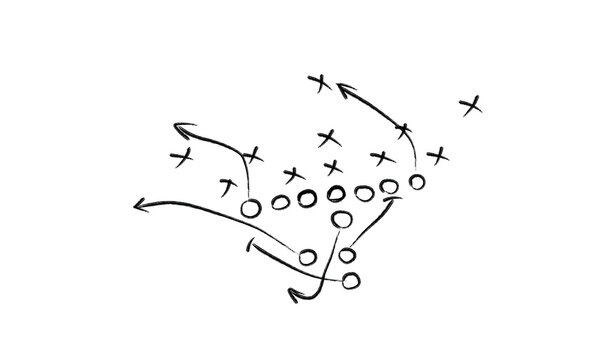 Hand drawn American football play diagram with player positions and movement arrows on a white background
